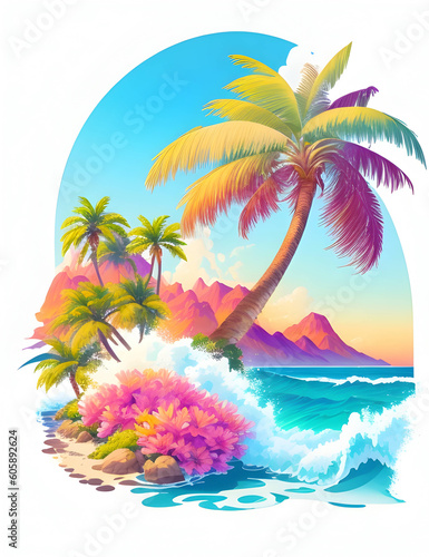 Palm tree in digital painting style with Generated AI   beautiful flowers  sunrise mountains and clouds   big sea waves  water splashes  white background  colorful fantasy flower sorround. 