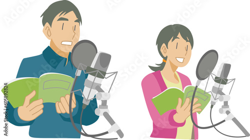 スタジオでアフレコする声優のイラスト
