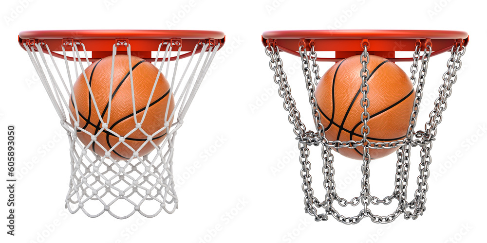 Basketball hoop with chains and net isolated on white background - 3D illustration