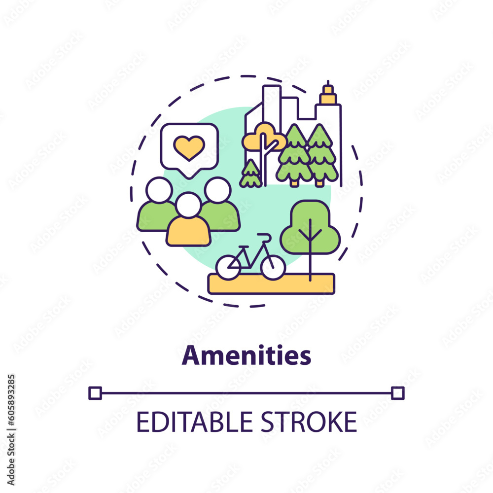 Amenities concept icon. Real estate. Housing cooperative. Quality of life. Residential community. Social interaction abstract idea thin line illustration. Isolated outline drawing. Editable stroke Amenities concept icon. Real estate. Housing cooperative. Quality of life. Residential community. Social interaction abstract idea thin line illustration. Isolated outline drawing. Editable stroke