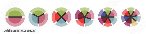 Trendy color pie chart set. Colorful diagram collection with 2,3,4,5,6, 7 sections or steps. 