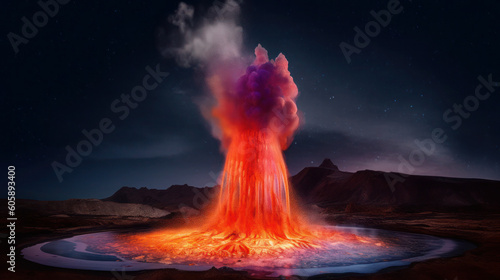 A geyser eruption, with the high-pressure water colored in neon orange and red hues