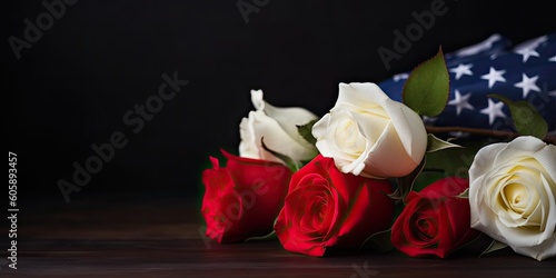 American flag with red and white roses and copy space for American Independence Day. background Generative Ai