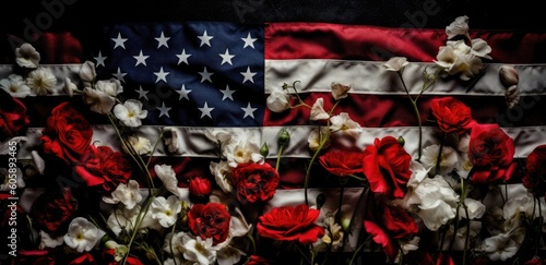 American flag with red and white roses and copy space for American Independence Day. background Generative Ai