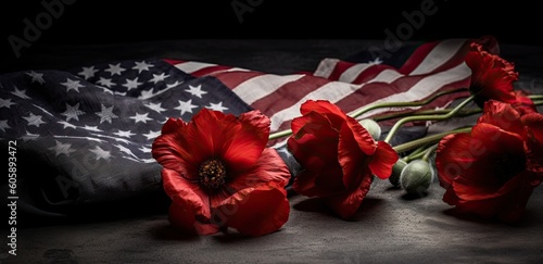 American flag with red and white roses and copy space for American Independence Day. background Generative Ai