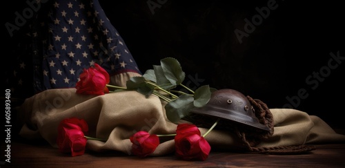 American flag with red and white roses and copy space for American Independence Day. background Generative Ai