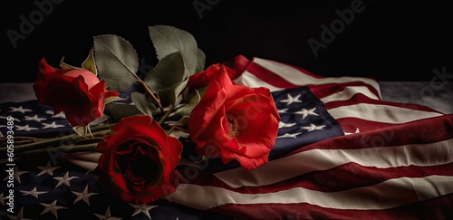 American flag with red and white roses and copy space for American Independence Day. background Generative Ai