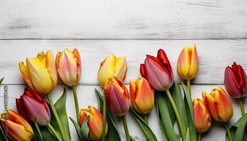 Tulips on white wooden background with copy space for text