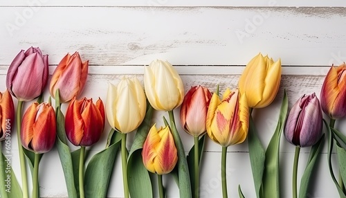 Tulips on white wooden background with copy space for text