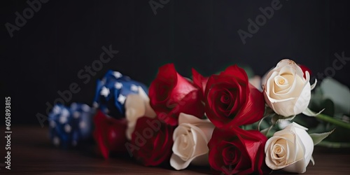 American flag with red and white roses and copy space for American Independence Day. background Generative Ai 