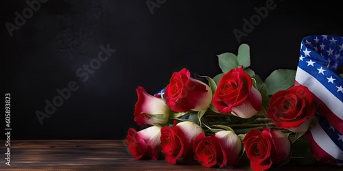 American flag with red and white roses and copy space for American Independence Day. background Generative Ai 