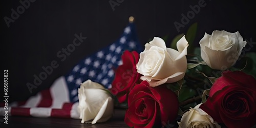 American flag with red and white roses and copy space for American Independence Day. background Generative Ai 