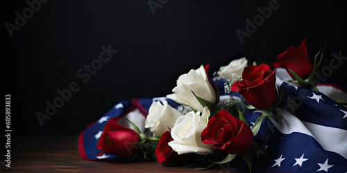 American flag with red and white roses and copy space for American Independence Day. background Generative Ai 