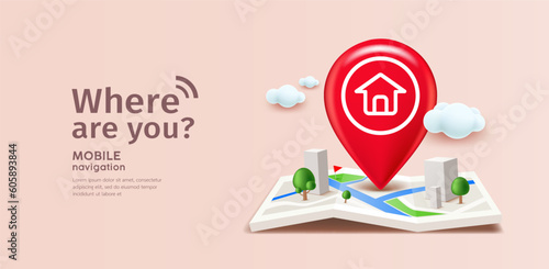 Folded maps navigation, red pin location icon on building city street roads design background, eps 10 vector illustration
