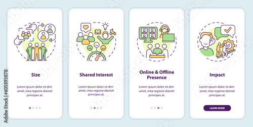 Micro community characteristics onboarding mobile app screen. Walkthrough 4 steps editable graphic instructions with linear concepts. UI, UX, GUI template. Myriad Pro-Bold, Regular fonts used