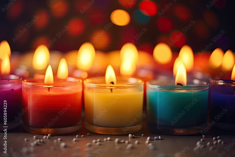 Colorful candles on bokeh background with copy space for text. Generative Ai Colorful candles on bokeh background with copy space for text. Generative Ai