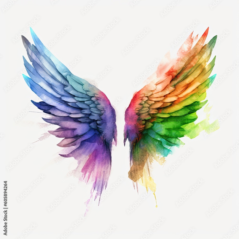 Fototapeta premium Wings made of colorful watercolor paint isolated on white background. Generative Ai 