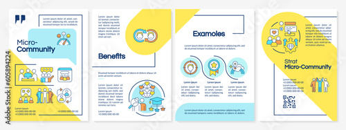 Micro community blue and yellow brochure template. Connecting people. Leaflet design with linear icons. Editable 4 vector layouts for presentation, annual reports. Questrial, Lato-Regular fonts used