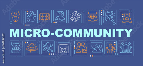 Micro community word concepts dark blue banner. Support network. Infographics with editable icons on color background. Isolated typography. Vector illustration with text. Arial-Black font used