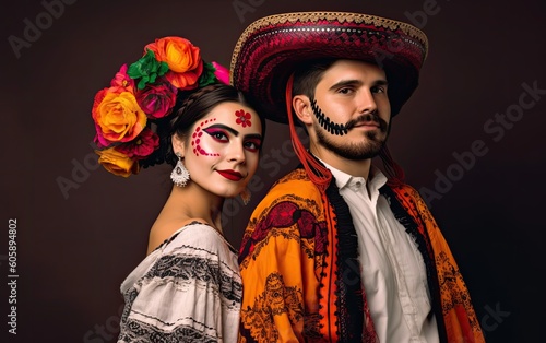 Man and woman in day of the dead themed makeup for Mexican festival of Día de los Muertos.
