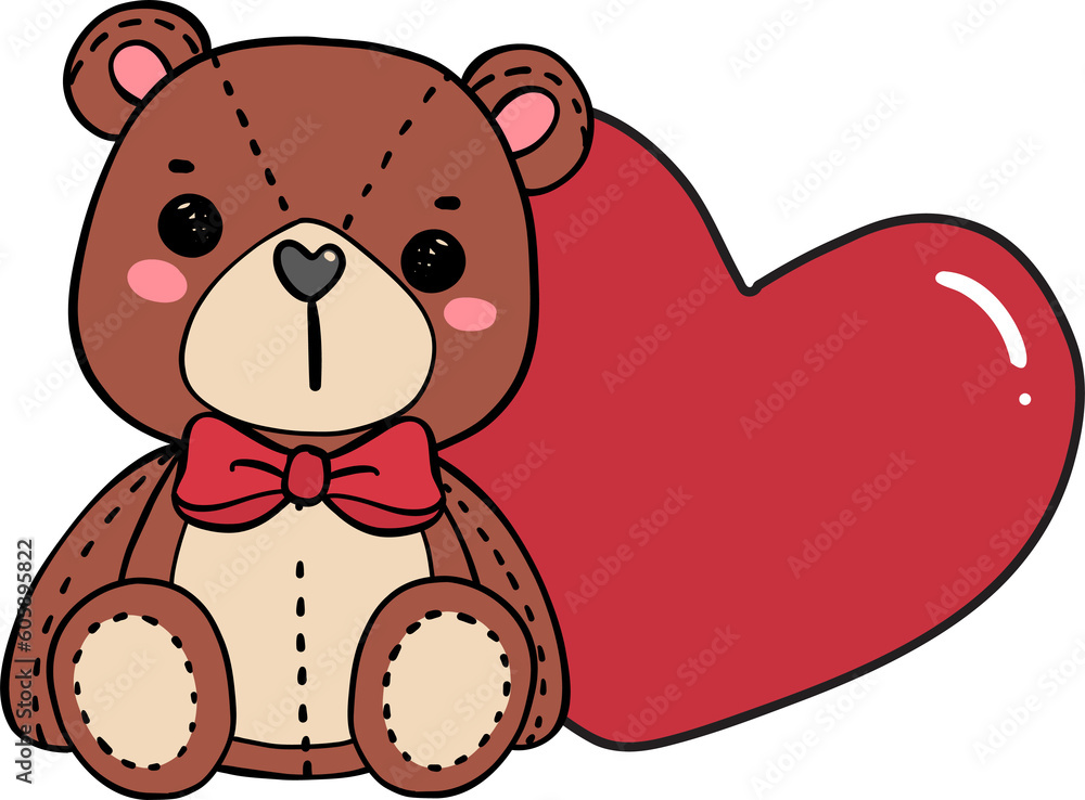 Cute Valentine Teddy Bear with red Heart doodle hand drawing cartoon character