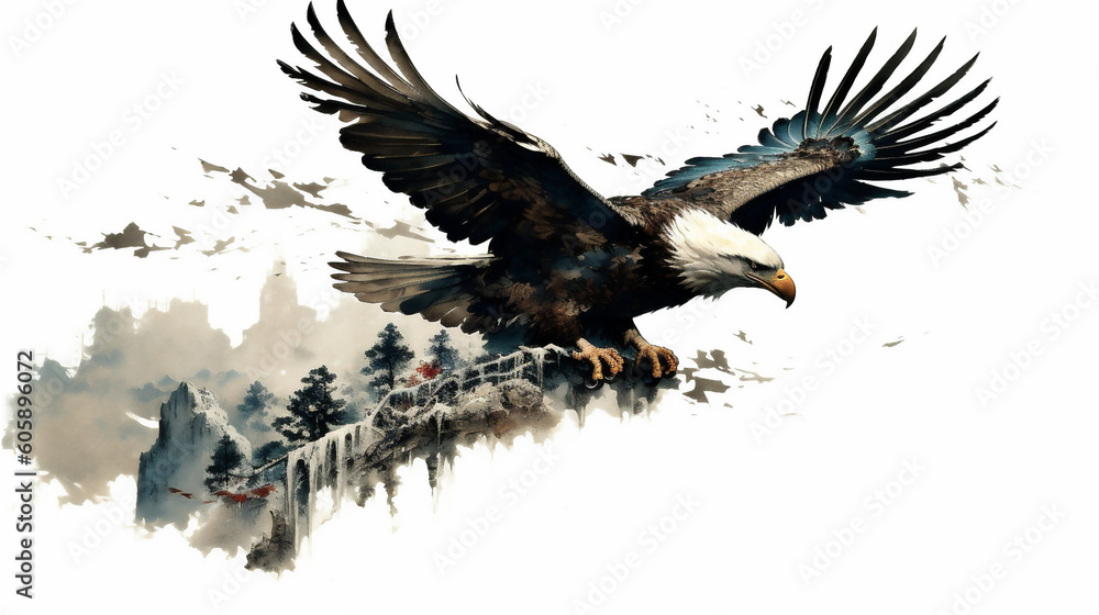 Obraz premium Generative AI, Majestic Eagle Soaring in Watercolor