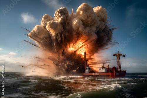 Fényképezés Construction barge explosion at sea