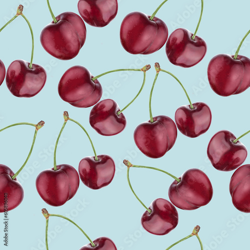 Illustration realism seamless pattern berry burgundy cherry on a light blue background. High quality illustration