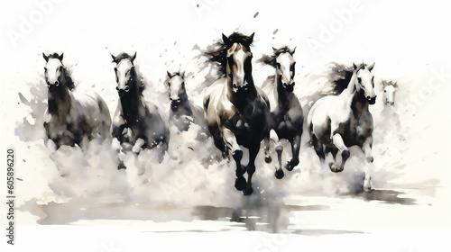 Generative AI, Unbridled Freedom: Watercolor Drawing of a Herd of Wild Horses