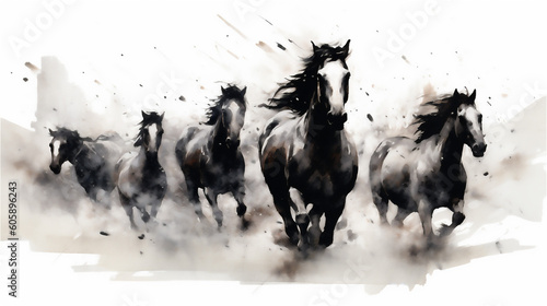 Generative AI  Unbridled Freedom  Watercolor Drawing of a Herd of Wild Horses
