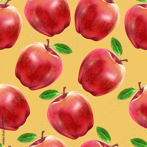 Illustration realism seamless pattern fruit apple red color on yellow background. High quality illustration