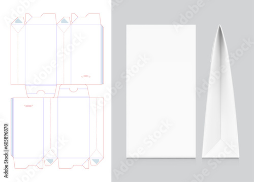 Realistic triangular cardboard box mockup. Vector illustration with production ready drawing. Front and side view. Can be use for food, chocolate, snack and other. Ready for your presentation. EPS10.	