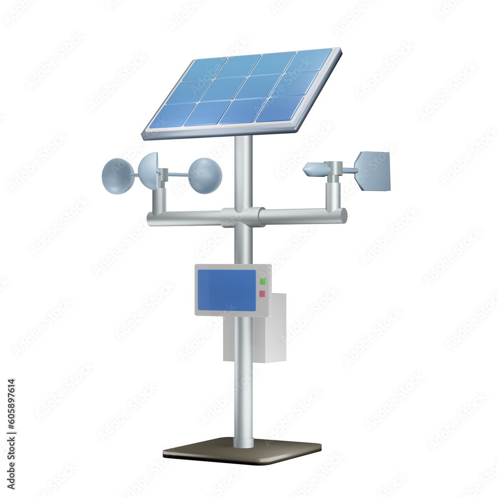 3D rendering of an anemometer connected to a solar panel and integrated with a monitor screen that reports the weather via the internet of things 3D rendering of an anemometer connected to a solar panel and integrated with a monitor screen that reports the weather via the internet of things
