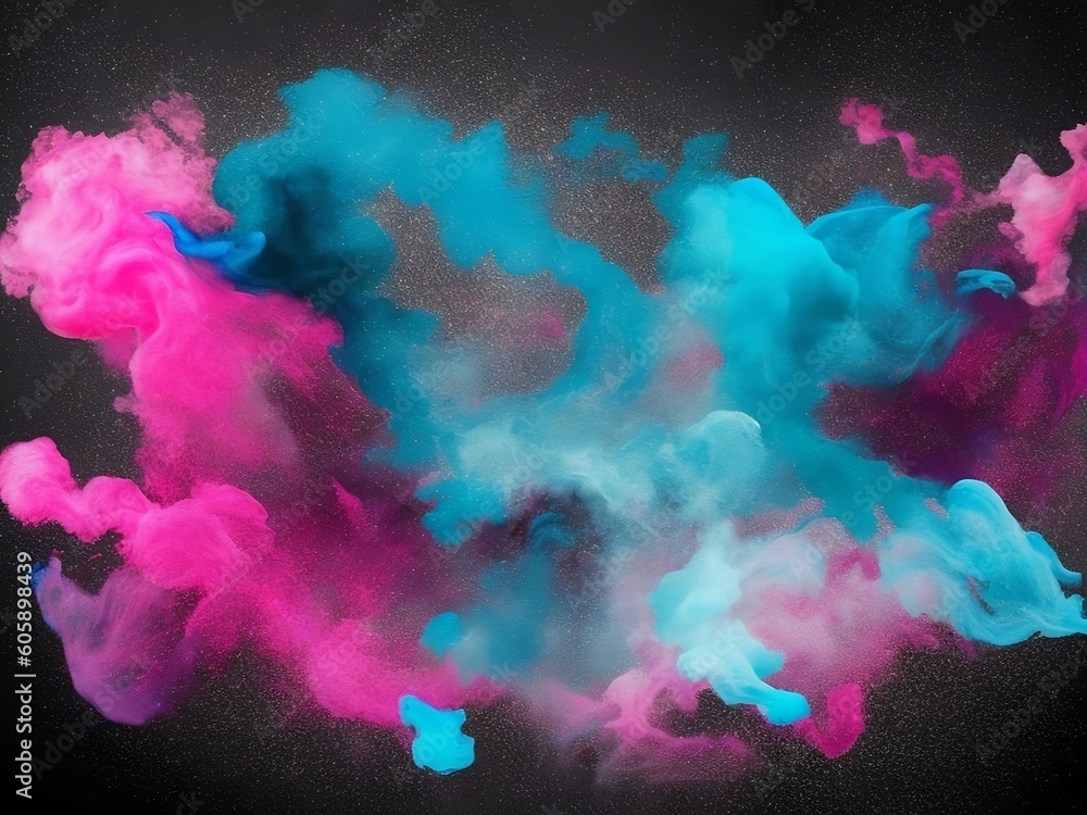 Fototapeta premium Paint water. Color mist. Magic spell mystery. Blue pink contrast vapor floating splash cloud blend on dark black abstract art background, Ai Generative