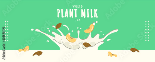 World Plant Milk Day on 22 August Banner Background. Soy and Almond Milk. Horizontal Banner Template Design. Vector Illustration