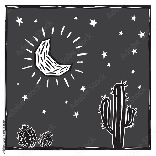 Woodcut of cacti in a night with moon and stars. Vector in Brazilian cordel style
