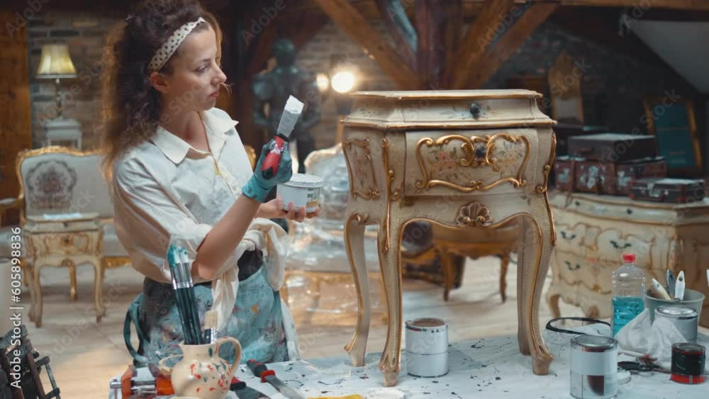 Female restorer apply putty to an old antique chest of drawers in a