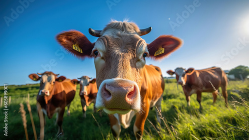 Cows herd on a grass field during the summer at sunset. Generative Ai
