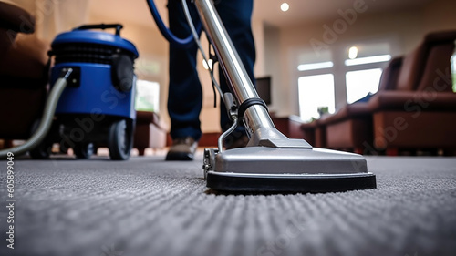 Professional Carpet Cleaning Service. Janitor Using Vacuum Cleaner. Generative Ai photo