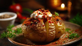 Baked potato with spices, herbs and ketchup in a plate on the wooden table. Generative Ai
