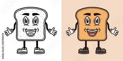 Bread slice or toast smiling cartoon character with hands and legs. Vector illustration in two styles black on white and colorful