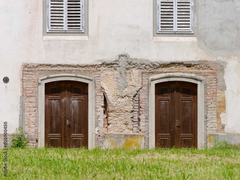 Front view of the doors of the Luznica castle, a baroque manor in the Novi Dvori complex in Zapresic, Croatia