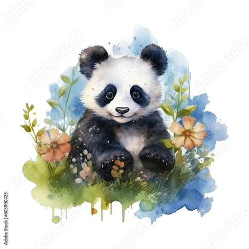 Watercolor little panda isolated on transparent background. Generative AI