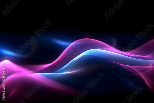 pink blue neon glowing abstract futuristic background with high speed moving wave lines in the black background. Generative ai.