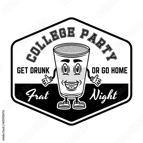 Collage party vector monochrome emblem, badge, label or logo with plastic cup of beer cartoon smiling character illustration on white background