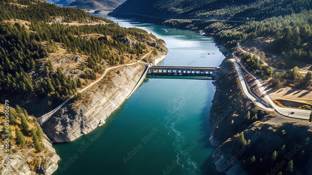 Aerial panoramic view of Hydroelectric Dam on river. Generative Ai