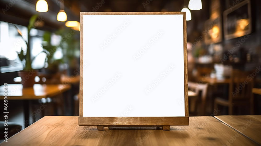 Blank menu board on wooden top table with blurred of coffee shop background. Generative Ai Blank menu board on wooden top table with blurred of coffee shop background. Generative Ai