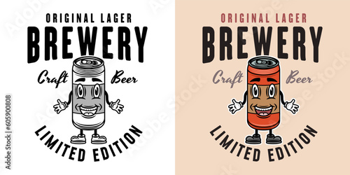 Brewery company vector emblem, badge, label or logo with beer can smiling character. Two styles monochrome and colored with removable textures