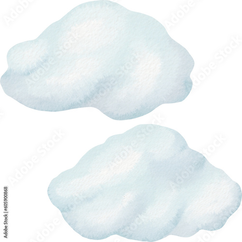 Set Cartoon cute illustration. Gentle blue soft fluffy clouds float across the sky. Beautiful weather. Watercolor tenderness. Isolated digital elements handmade. spring, summer, autumn, winter