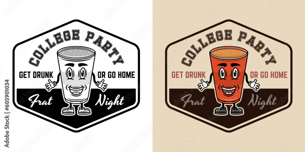 Collage party vector emblem, badge, label or logo with plastic cup of beer cartoon smiling character. Two styles monochrome and colored with removable textures